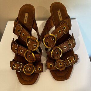 Miu Miu-Cognac Nubuck Sandals w/ Gold Buckles-7 (look at photos closely)